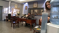 After a totally crazy banging on the desk, on the couch, and on the table, even in the 69 position, the secretary licks up her boss's cum from the glass table