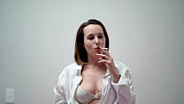 Playful Brunette Smoking in White Blouse and Bra