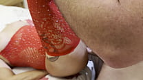 Her Red Mesh Body Ignites Desire as He Teases Her Breasts Up Close