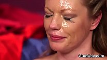 Peculiar looker gets cumshot on her face eating all the spunk