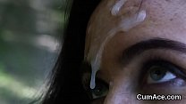 Hot sex kitten gets cumshot on her face eating all the charge