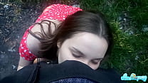 Girl sucks big dick and swallows cum in the forest