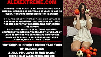 Hotkinkyjo in white dress take tons of balls in ass & anal prolapse in red room