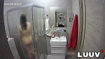LUUV. A brunette showers, used to amateur cameras, showing her natural body