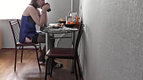 Typical morning of sexy cute beautiful girl. Sweet Assol with beautiful legs and butt in erotic lingerie peignoir stockings in kitchen preparing coffee and breakfast. Beautiful ass