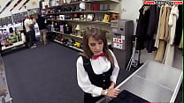 Petite pawnshop customer throatfucked for easy cash