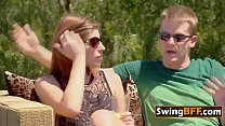 Fun in the sun with a horny sex group of swingers!