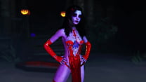 Young vampire girl in red dress beckons her prey with dance and sexy body