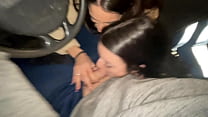 Double blowjob while driving a van