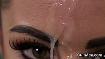 Spicy model gets cum shot on her face eating all the love juice