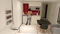 Sexy brunette cooking, sucking my cock while I dress as a woman