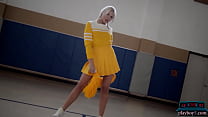Petite blonde MILF cheerleader Lennon Elizabeth strips on the bball court