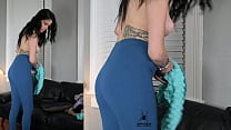 ?Jazmin tries on ?leggings and wrap shirt for photoshoot
