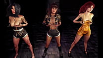 Toned babes Lune, Sciel and Maelle synchronously dancing in the dungeon