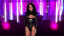 Exotic fluffy cat girl in tight bodysuit dancing alone in night club