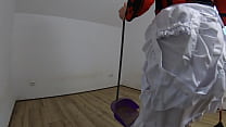 Blonde maid in stockings uses her piss to mop the dirty floor