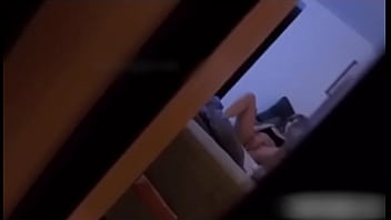 Stepdad spies teen 18yo stepdaughter masturbating on sofa in living room   
