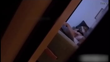 Stepdad spies teen 18yo stepdaughter masturbating on sofa in living room   