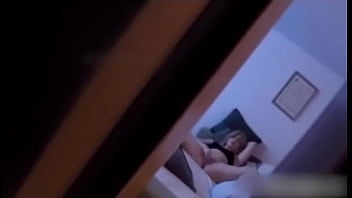 Stepdad spies teen 18yo stepdaughter masturbating on sofa in living room   