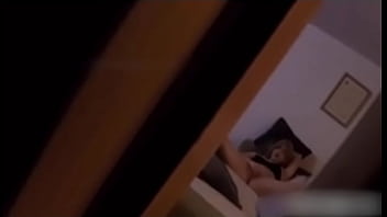 Stepdad spies teen 18yo stepdaughter masturbating on sofa in living room   