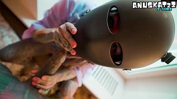 Tatted-up girl in a mask takes it deep in her ass her pussy left covered in cum