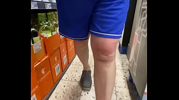 Old man in shorts keeps flashing cock in supermarket with cum