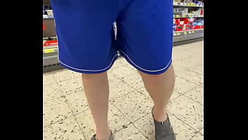 Old man in shorts keeps flashing cock in supermarket with cum