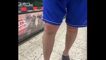 Old man in shorts keeps flashing cock in supermarket with cum