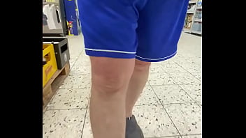 Old man in shorts keeps flashing cock in supermarket with cum