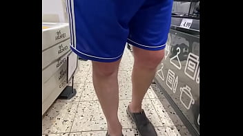 Old man in shorts keeps flashing cock in supermarket with cum
