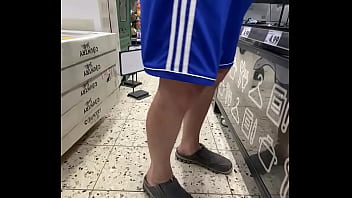 Old man in shorts keeps flashing cock in supermarket with cum