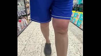 Old man in shorts keeps flashing cock in supermarket with cum