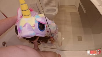 StepSister sucks my cock while I shower and cum down her throat