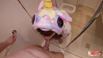 StepSister sucks my cock while I shower and cum down her throat