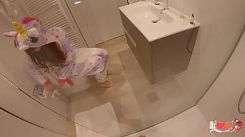 StepSister sucks my cock while I shower and cum down her throat
