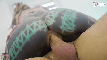 Fully tattooed girl gets all her holes pounded by a huge cock and gets cum in her anal gape double penetration