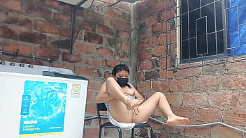 My slutty neighbor in the yard showing her pussy - under her dress