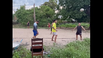 Chubby guy blowing big guy in the open air