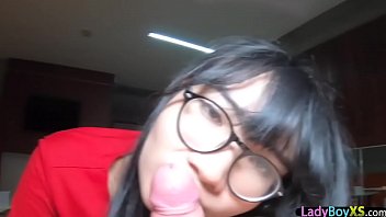 Pretty and geeky ladyboy chick gets barebacked  