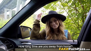 Sexy hitchhiker Nicole Rae worships my extra large dick for a free ride