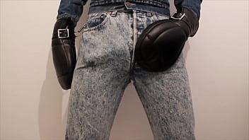 BoundInLevis - rubbing and cumming in wash levis with leather mitts