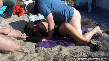 Slutwife Marion bareback gangbang on the beach in Summer 2016