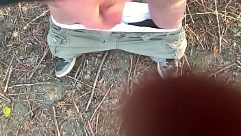 Chubby bear jerks cock in woods huge cumshot