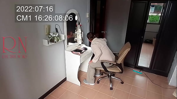 Nudist barbershop. Nude lady hairdresser in an apron makes client to strip. Security camera. The client is surprised. real spy cam 1