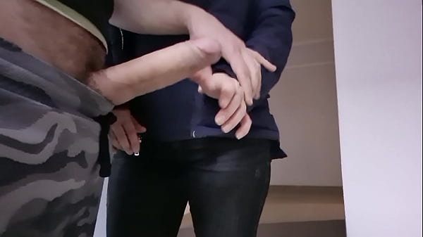 A man showed a dick to his new beautiful neighbor, he jerks off a dick in front of her, she is excited in shock and wants to touch his big dick and masturbate him
