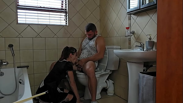 French maid gives BLUMKIN,CUM shot after gagging