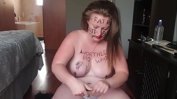 Big fat worthless pig degrading herself | body writing |hair pulling | self slapping