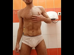  - Hairy guy touching herself in the gym toilet